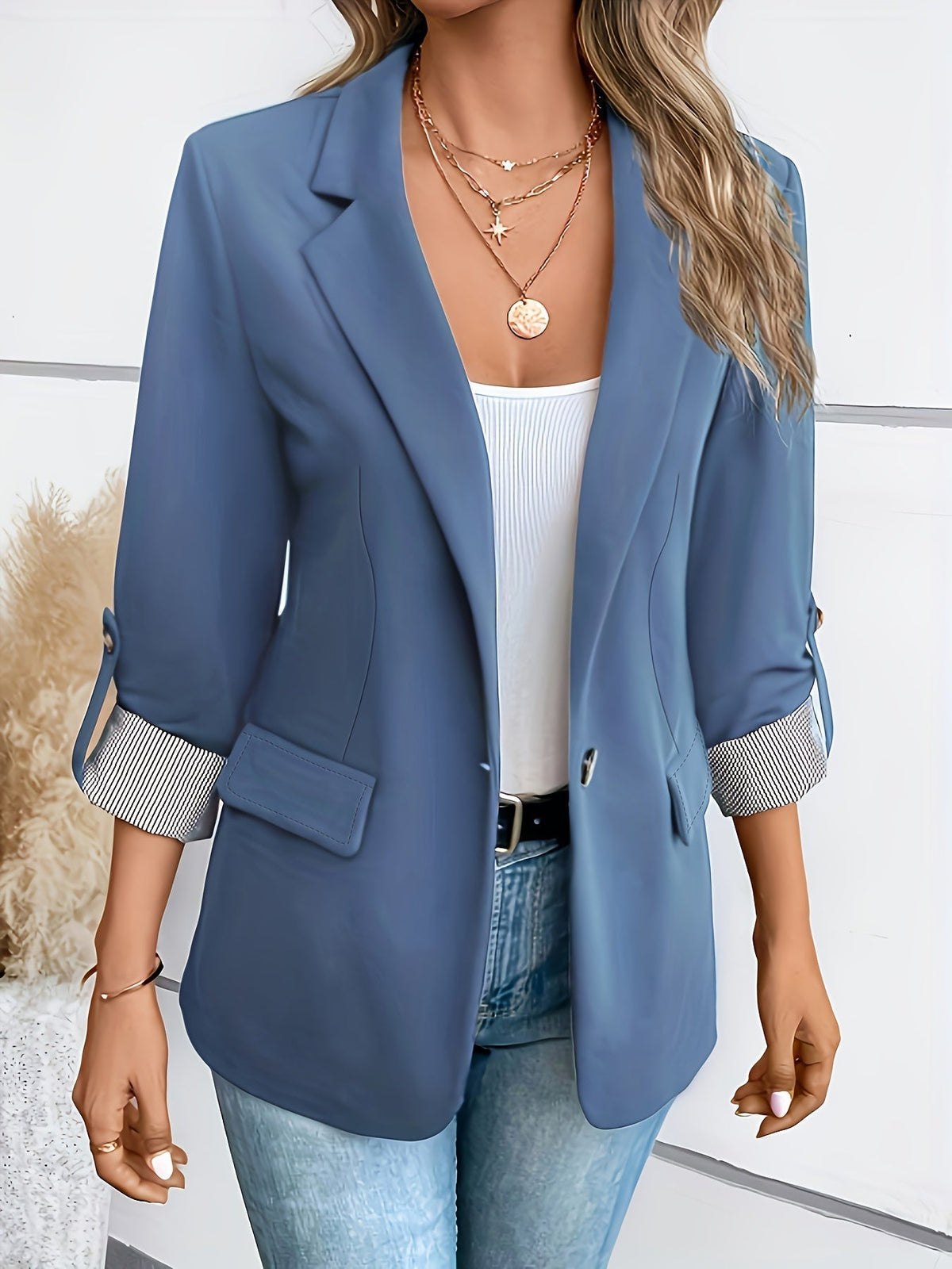 Women's Single Button Blazer with Roll-Up 3/4 Sleeves | Lined, Lightweight Polyester, Straight H-Line Fit | Size S-2XL