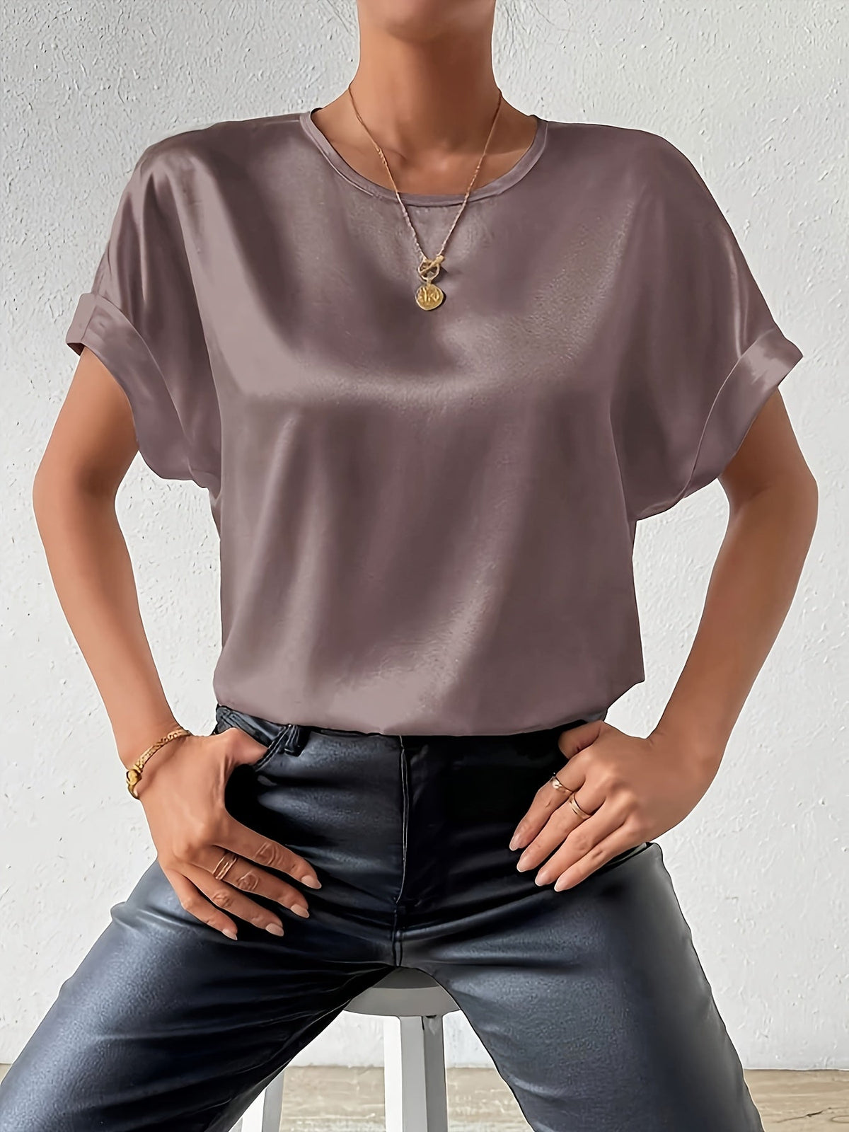 Women's Short Sleeve Blouse in Satin-Finish Cotton Blend | Crew Neck, Button Back | Sizes XS to 3XL, 4 Colors