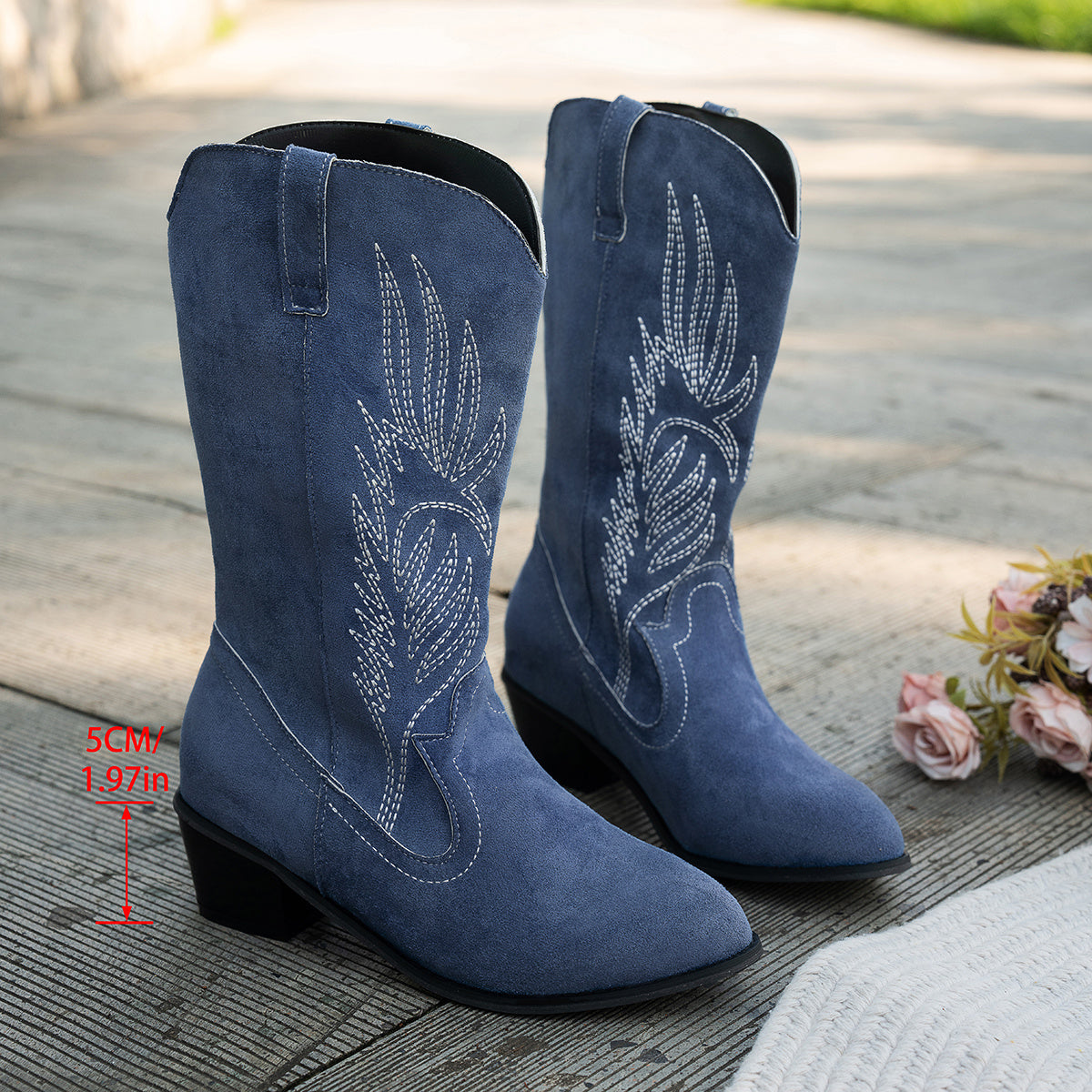 Women's Wide Calf Western Cowboy Boots | Contrast Stitching, Stacked Block Heel, Pointed Toe | US 5.5-12 | Navy Blue