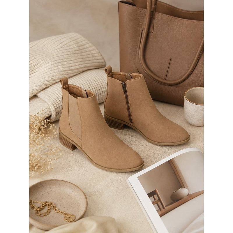 Women's Ankle Boots with Block Heel and Zip Closure | Size 6-10.5 | Khaki, Grey, Black, Dark Brown, Beige