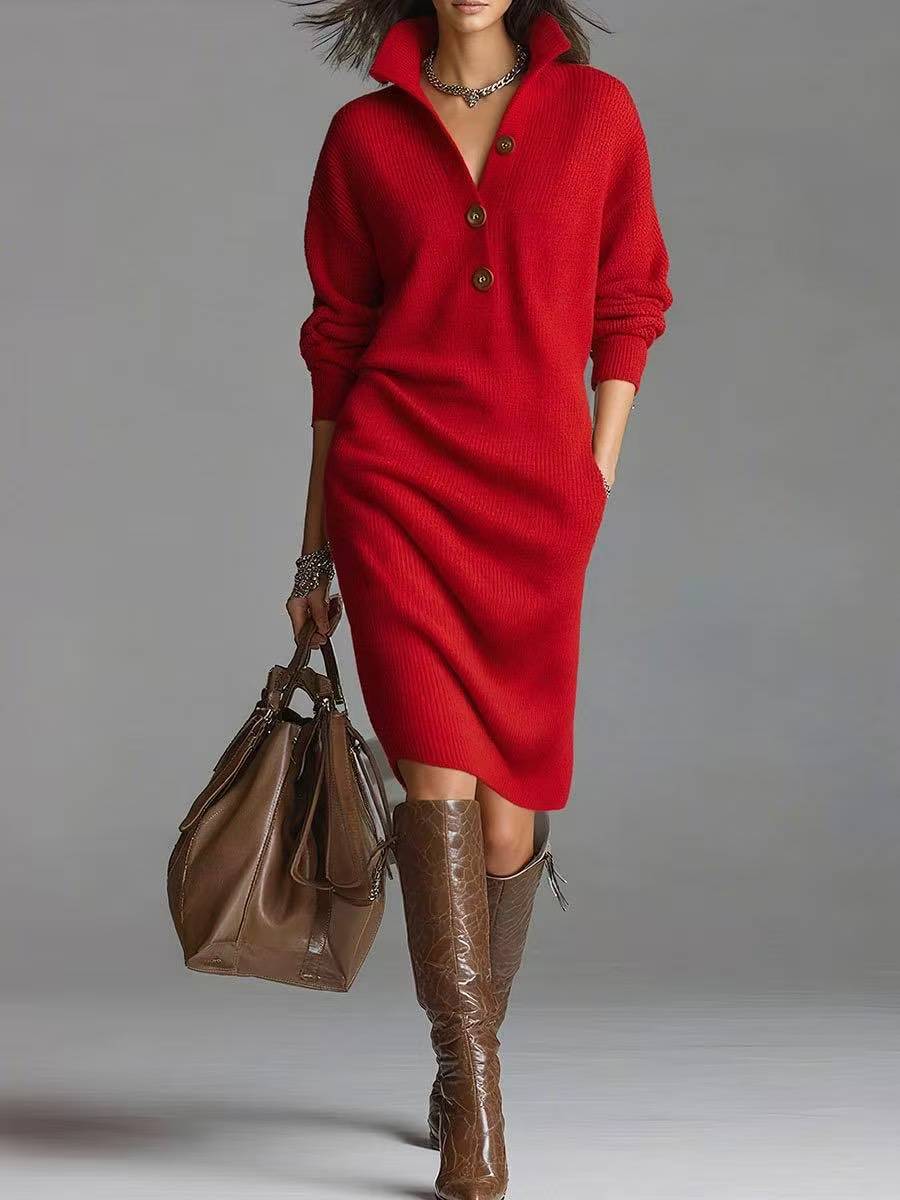 Women's Knit Sweater Dress with Collared Button Placket | Relaxed Drop Shoulder Shape, Below the Knee | Sizes S-3XL, 5 Colors