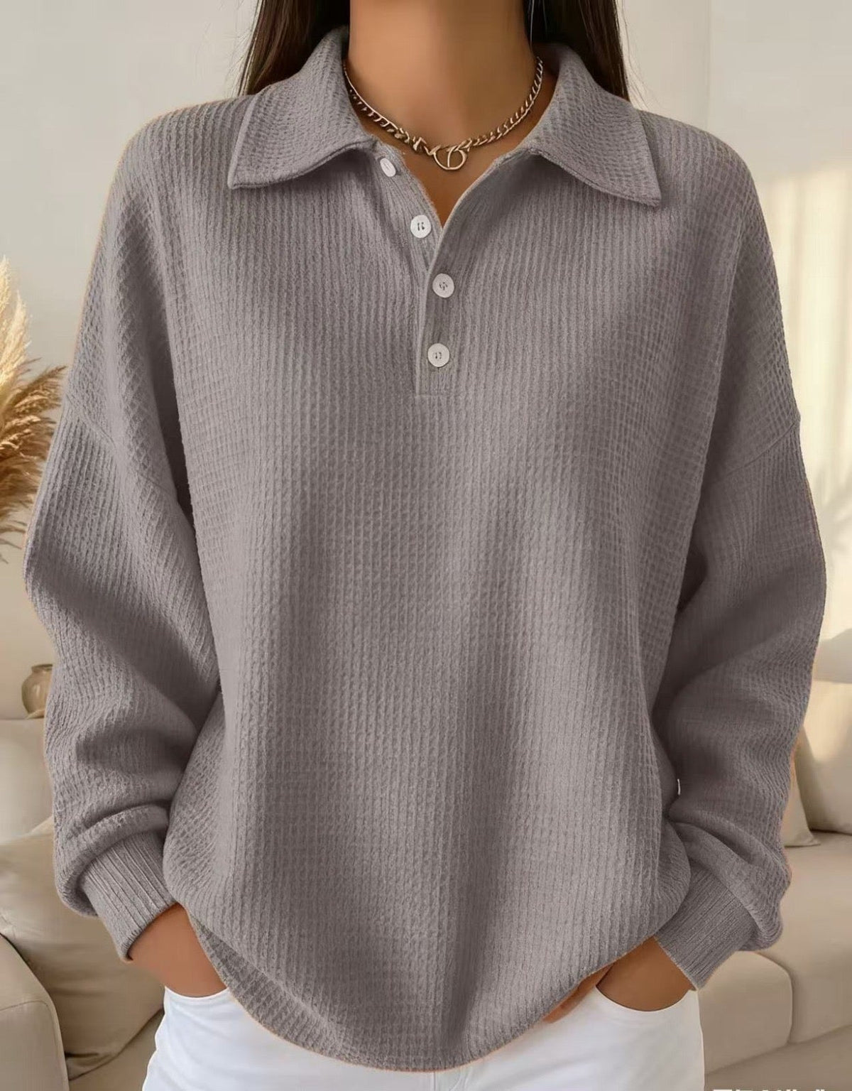 Women's Polo Collar Sweater | Textured Knit Pullover with a Soft Relaxed Fit for Work Days | Size S-3XL, 5 Colors