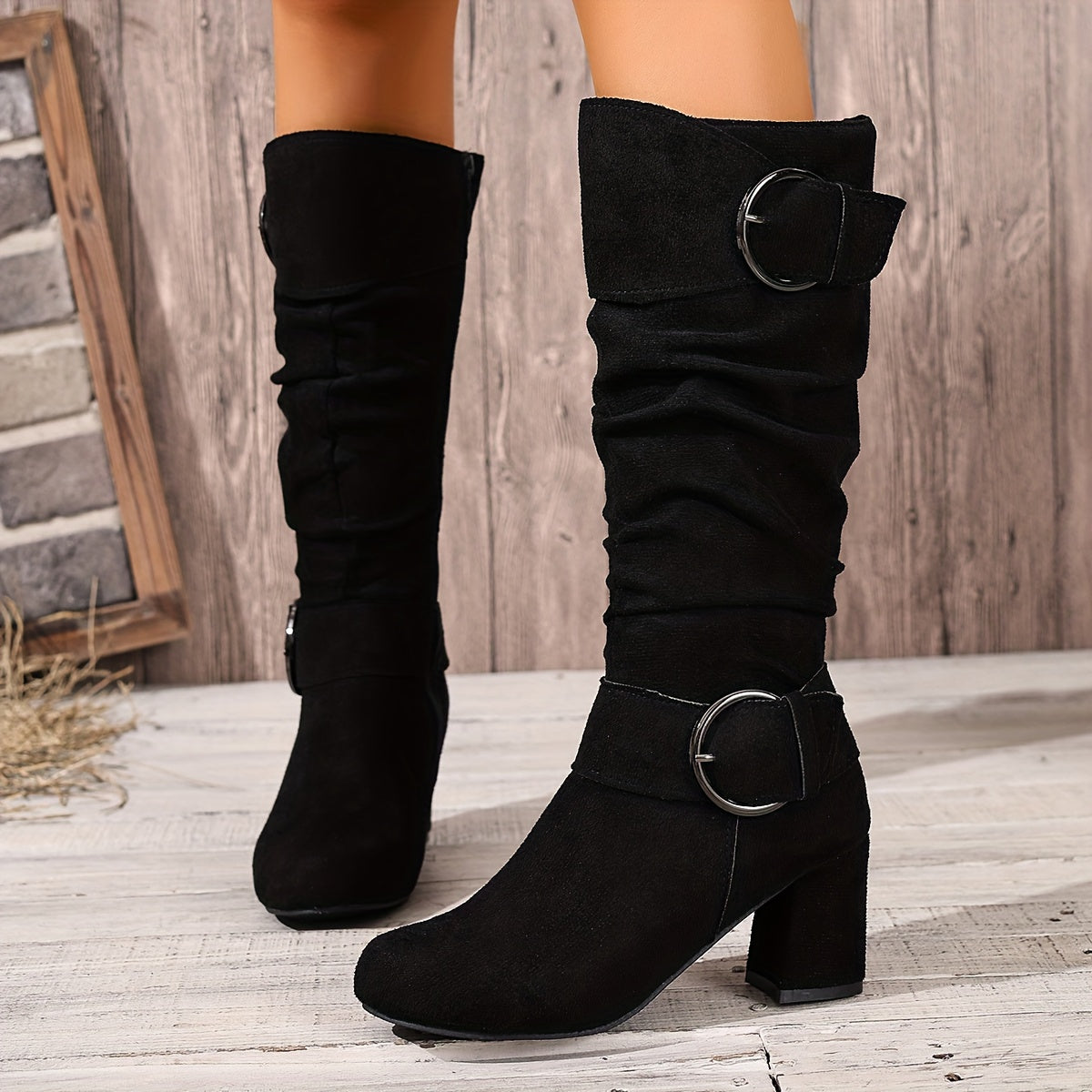 Women's Knee High Boots with Block Heel | Slouchy Shaft, Double Buckle and Side Zip | Size 5.5-10.5, 5 Colors