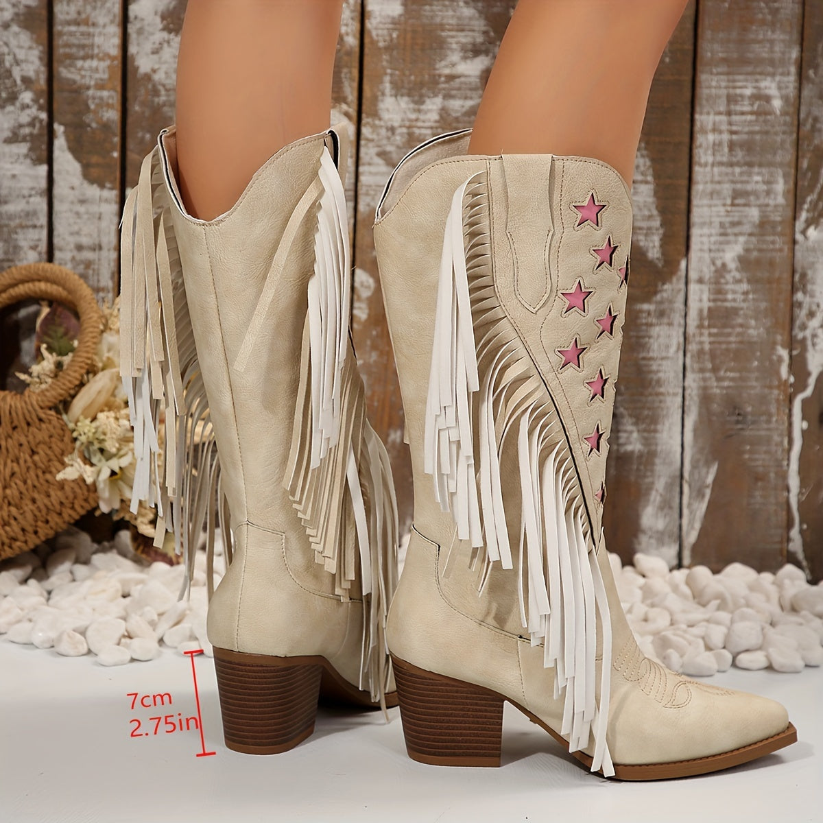 Women's Fringe Western Boots, Knee High | Wide Calf Shaft with Star Embroidery, Square Heel | Size 5.5-10.5, Beige
