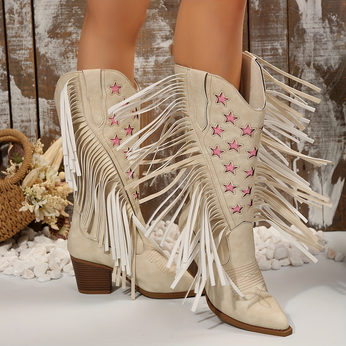 Women's Fringe Western Boots, Knee High | Wide Calf Shaft with Star Embroidery, Square Heel | Size 5.5-10.5, Beige