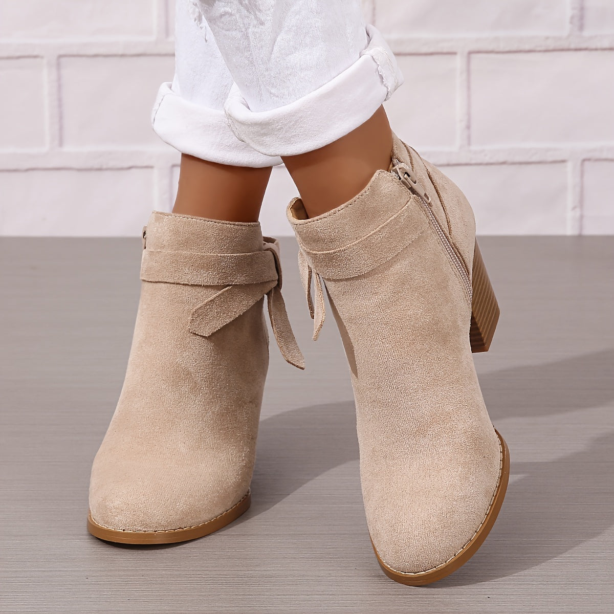 Women's Ankle Boots with Block Heel and Bow Back | Faux Suede Booties with Side Zip | Size 5-9.5, 7 Colors