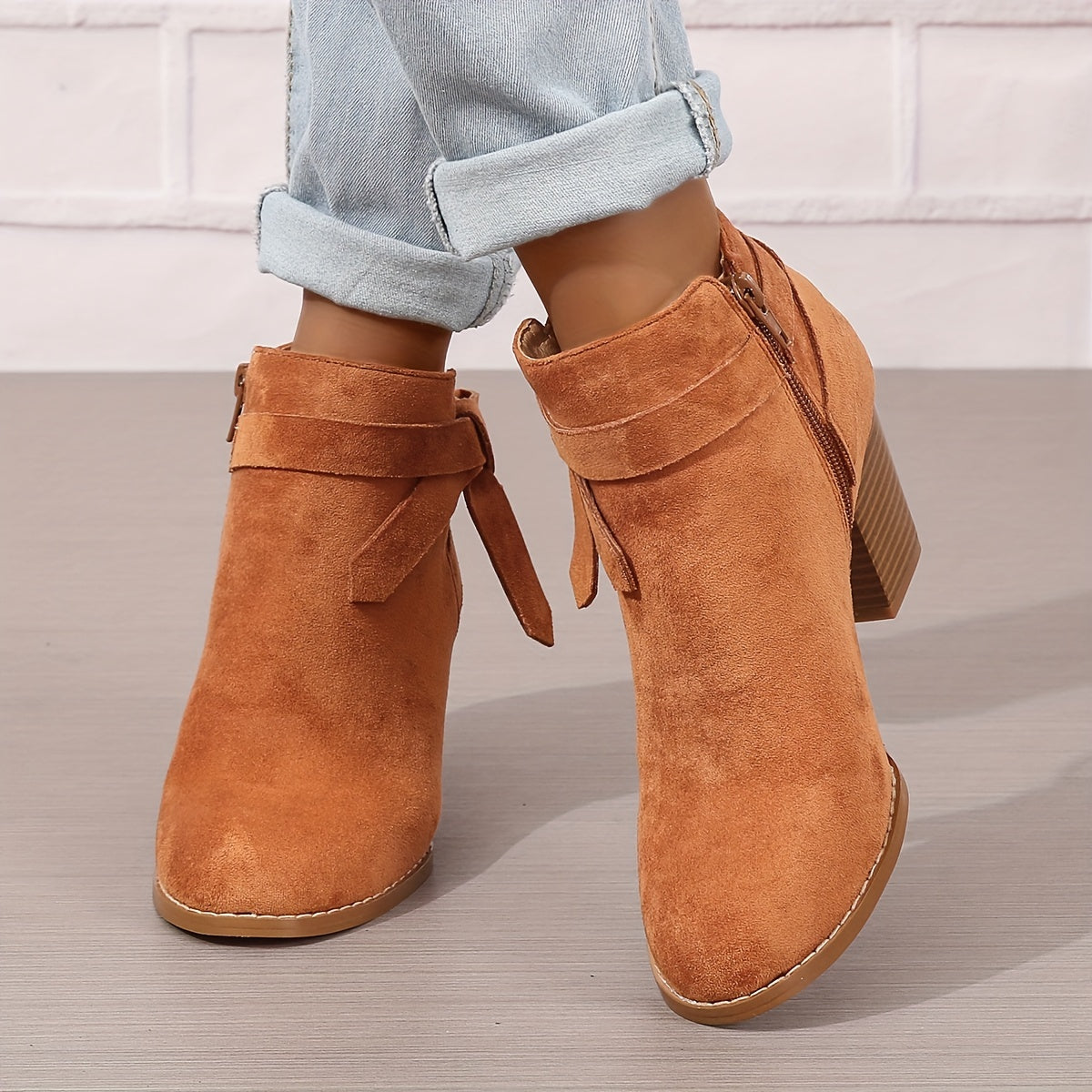 Women's Ankle Boots with Block Heel and Bow Back | Faux Suede Booties with Side Zip | Size 5-9.5, 7 Colors