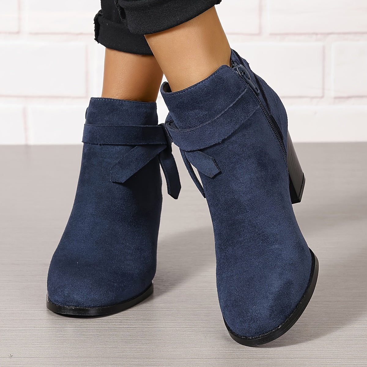 Women's Ankle Boots with Block Heel and Bow Back | Faux Suede Booties with Side Zip | Size 5-9.5, 7 Colors
