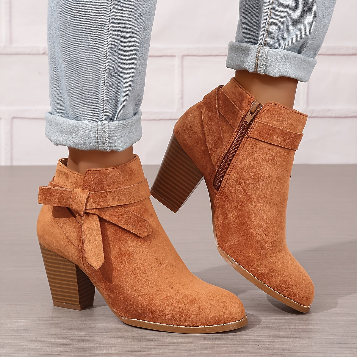 Women's Ankle Boots with Block Heel and Bow Back | Faux Suede Booties with Side Zip | Size 5-9.5, 7 Colors