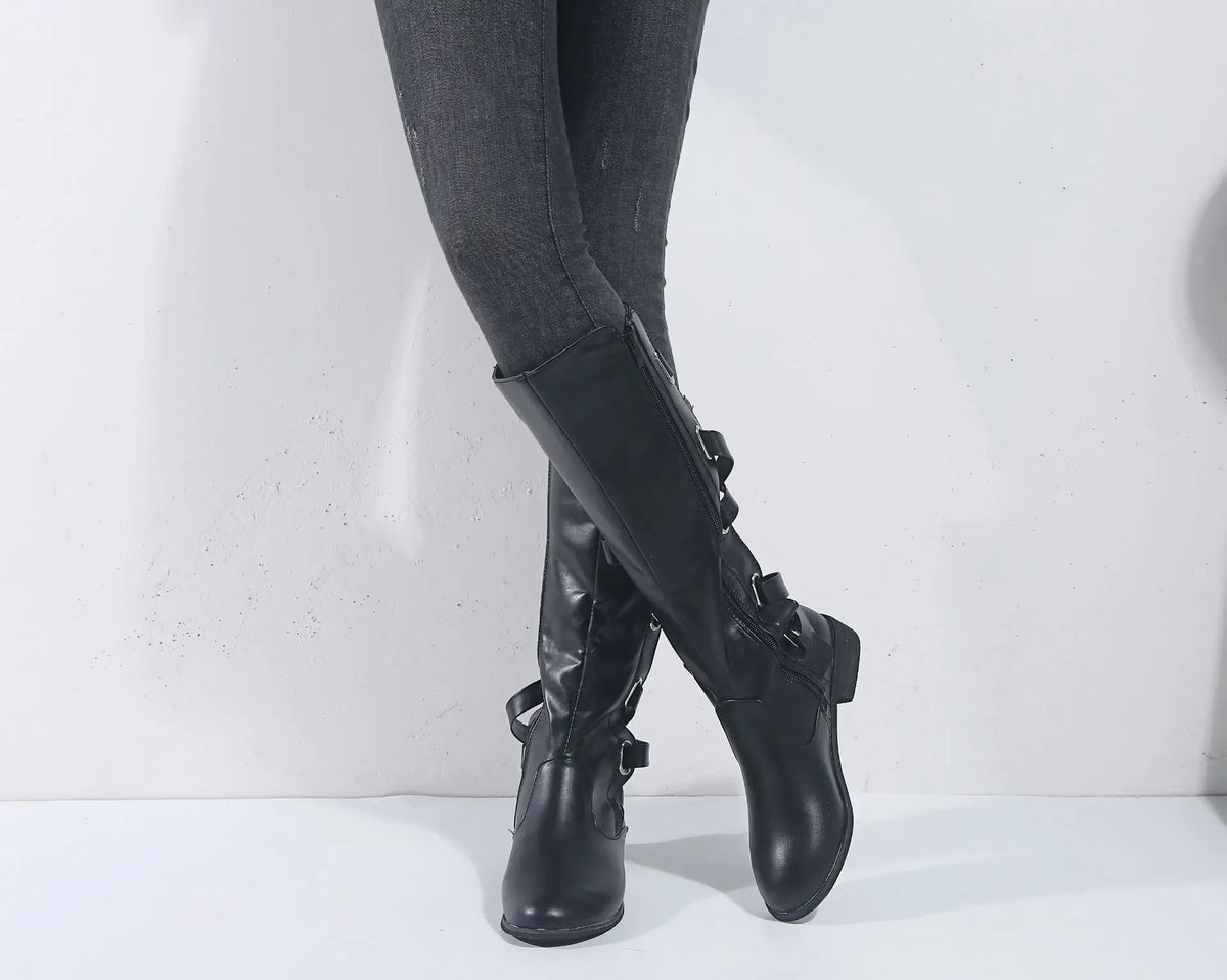 Women's Knee High Boots with Back Buckles | Low Block Heel and Side Zip for Cold Days | Size 5.5-10.5, 5 Colors