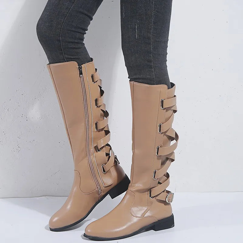 Women's Knee High Boots with Back Buckles | Low Block Heel and Side Zip for Cold Days | Size 5.5-10.5, 5 Colors