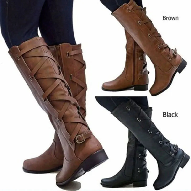Women's Knee High Boots with Back Buckles | Low Block Heel and Side Zip for Cold Days | Size 5.5-10.5, 5 Colors