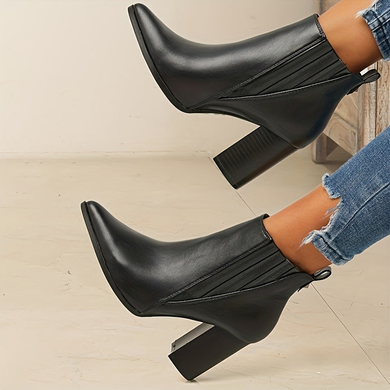Women's Pointed Toe Ankle Boots | Wide Square Heel Booties with Stretch Back Panel | Size 5.5-10.5, Black or Brown