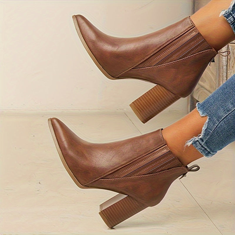 Women's Pointed Toe Ankle Boots | Wide Square Heel Booties with Stretch Back Panel | Size 5.5-10.5, Black or Brown