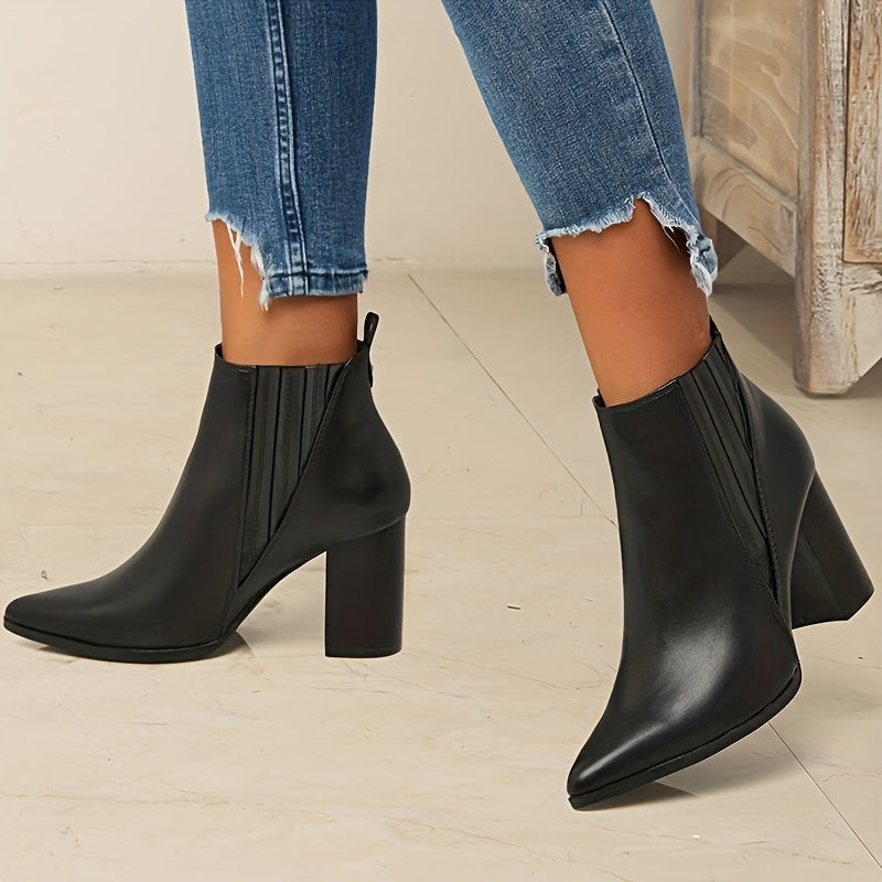 Women's Pointed Toe Ankle Boots | Wide Square Heel Booties with Stretch Back Panel | Size 5.5-10.5, Black or Brown
