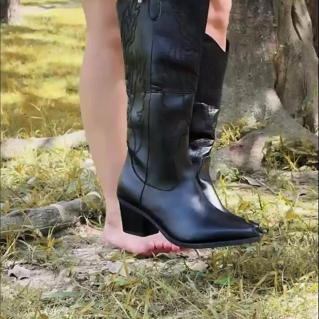 Women's Knee High Wide Calf Cowboy Boots | Black Western Stitch, Block Heel | US 5.5 to 12 | Full Size Run Available