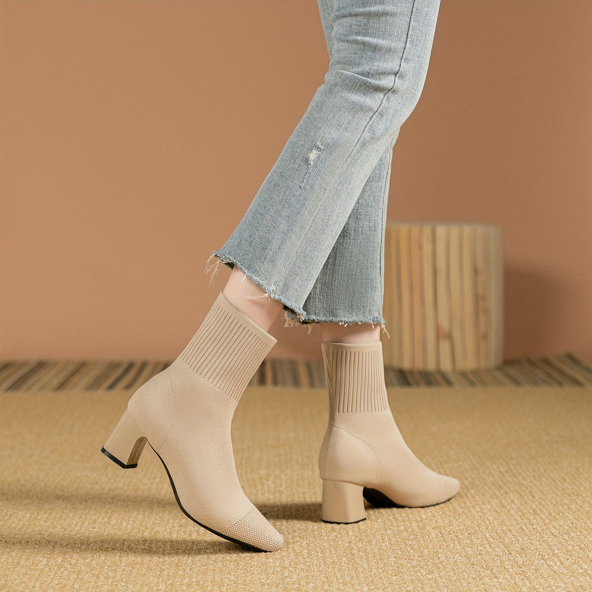 Women's Knit Ankle Boots with Block Heel | Square Toe Stretch Sock Booties | Size 5.5-10.5, 5 Colors