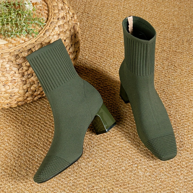 Women's Knit Ankle Boots with Block Heel | Square Toe Stretch Sock Booties | Size 5.5-10.5, 5 Colors