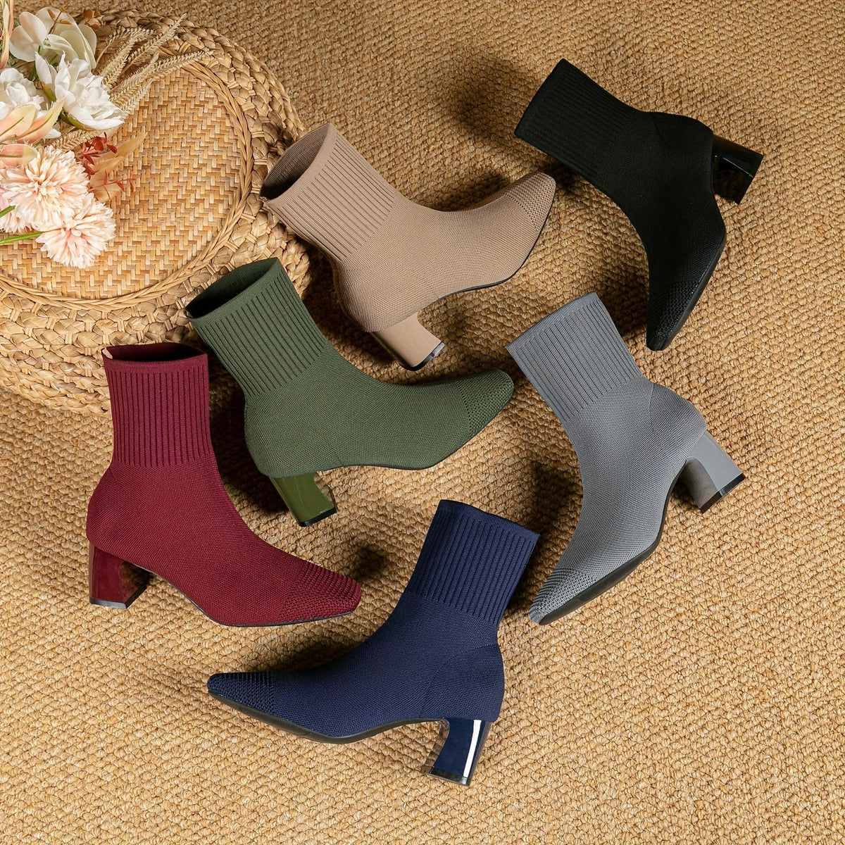 Women's Knit Ankle Boots with Block Heel | Square Toe Stretch Sock Booties | Size 5.5-10.5, 5 Colors