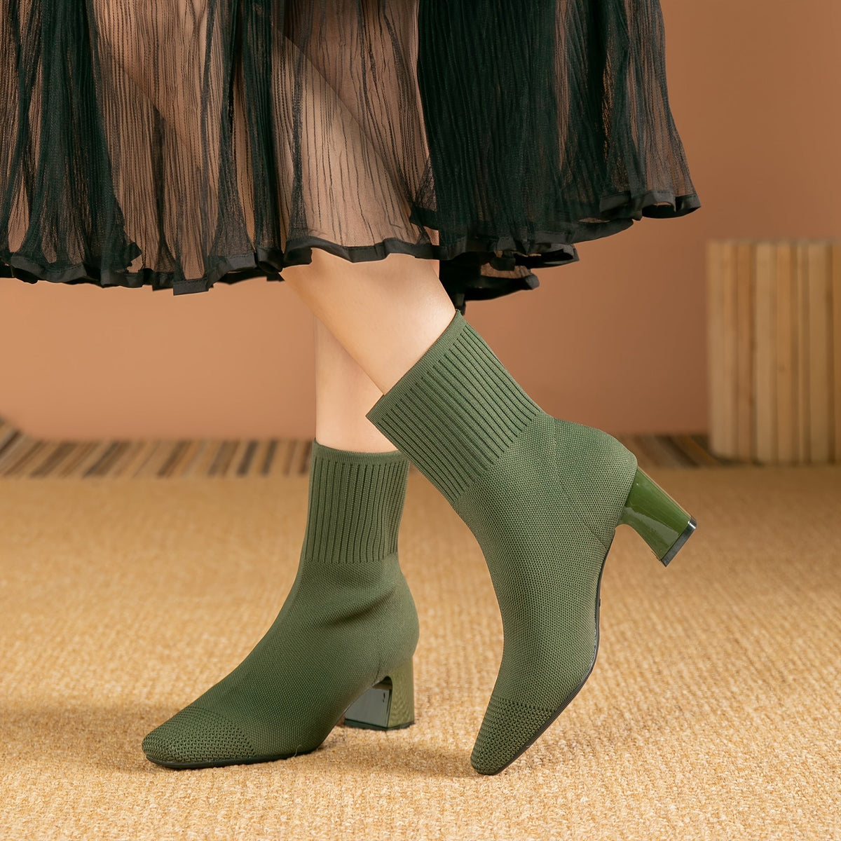 Women's Knit Ankle Boots with Block Heel | Square Toe Stretch Sock Booties | Size 5.5-10.5, 5 Colors