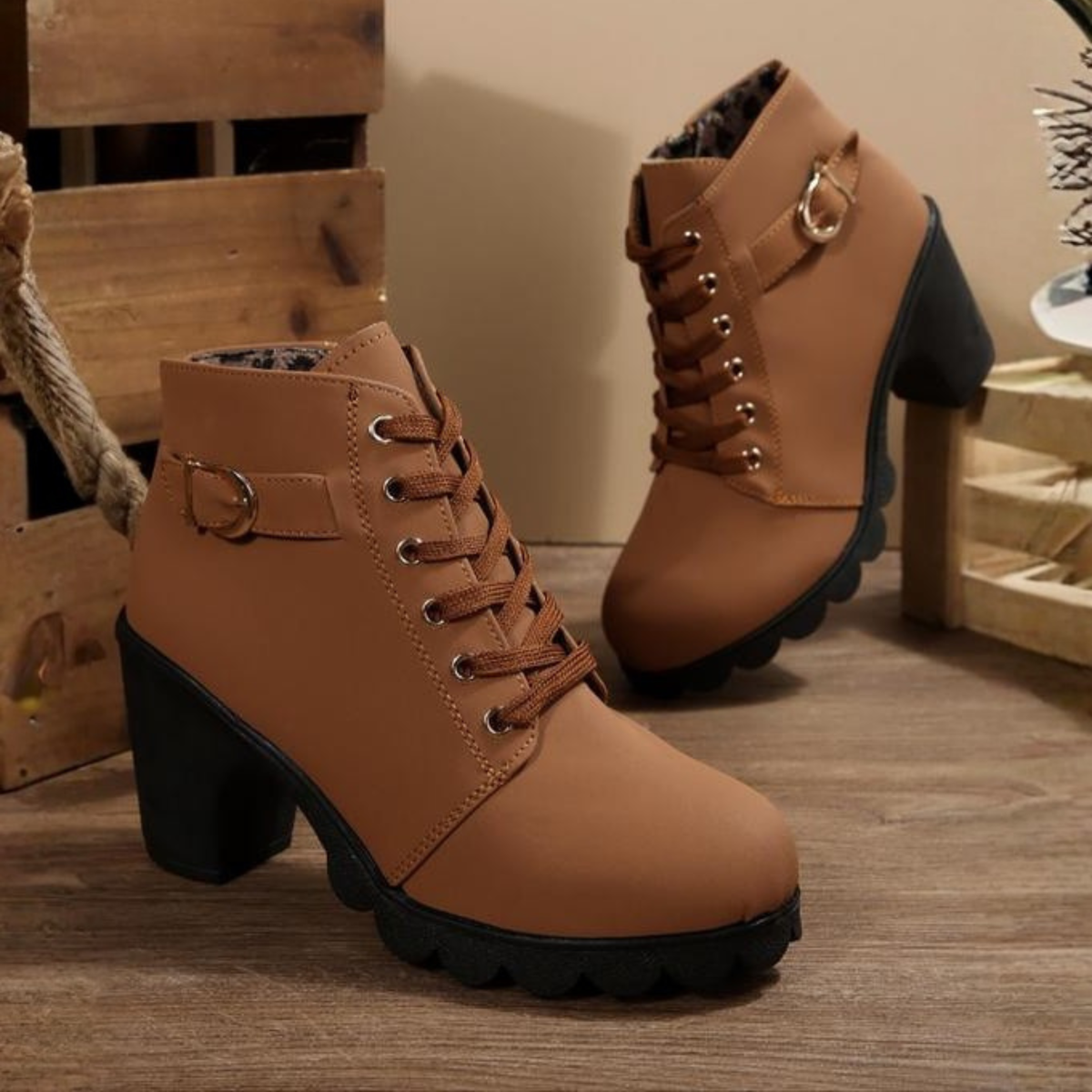 Women's Lace-Up Block Heel Ankle Boots | Lug Sole, Side Zip, Buckle Strap, Padded Interior | US 5.5-12 | 5 Colors