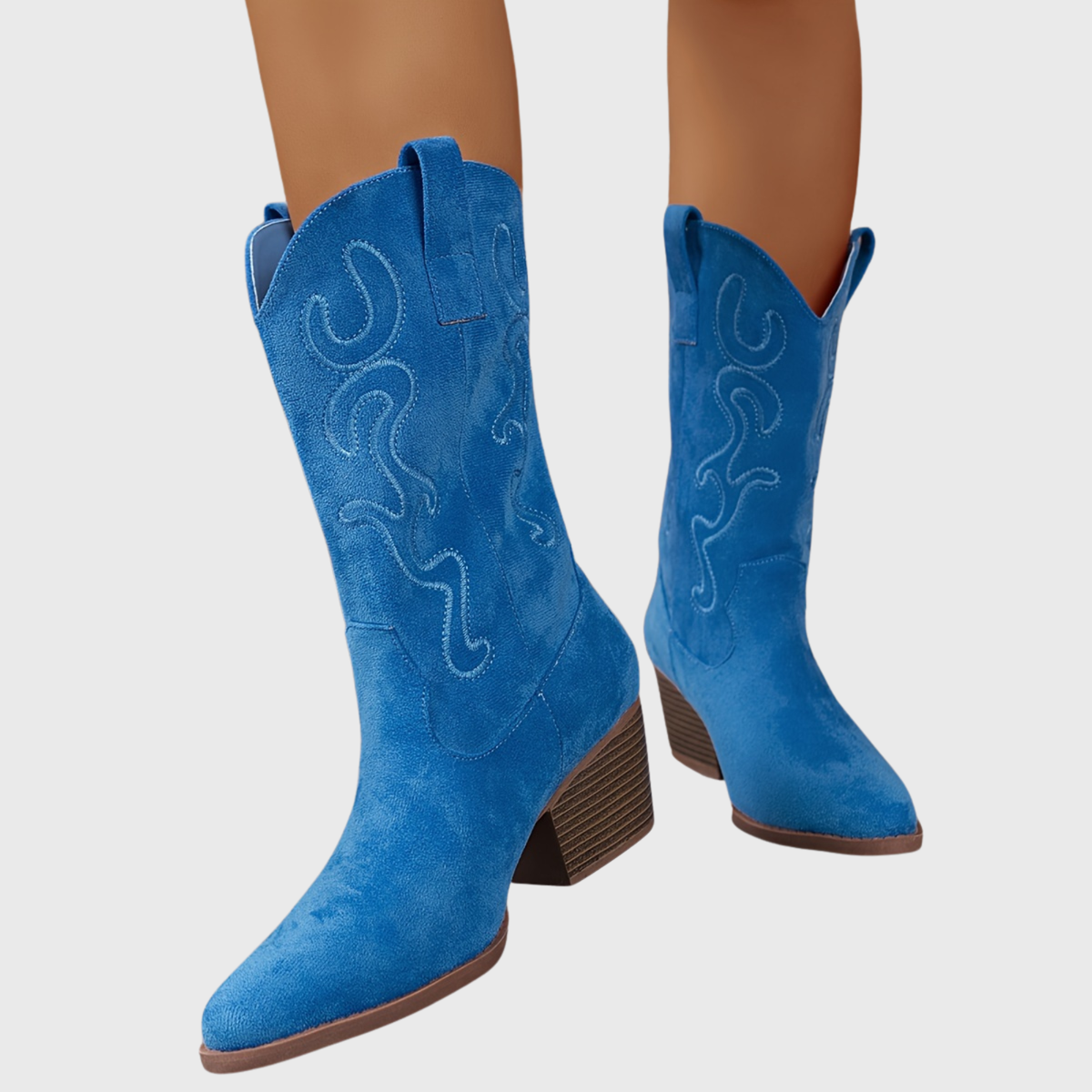 Women's Mid Calf Western Boots, Wide Shaft | Tonal Embroidery and Block Heel, Pull-On Loops | Size 5.5-10.5