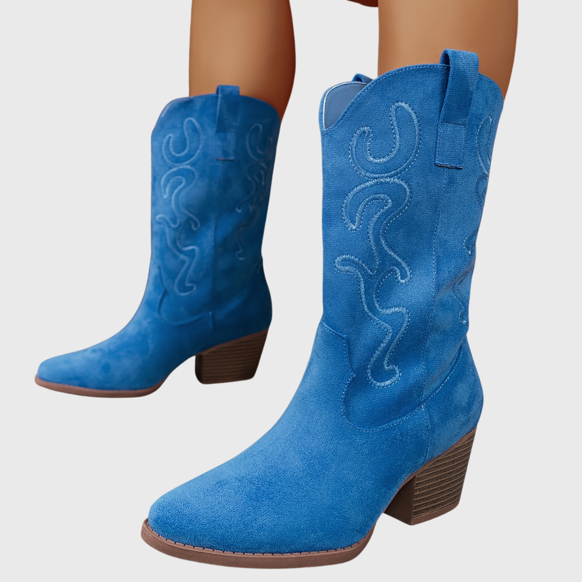 Women's Mid Calf Western Boots, Wide Shaft | Tonal Embroidery and Block Heel, Pull-On Loops | Size 5.5-10.5