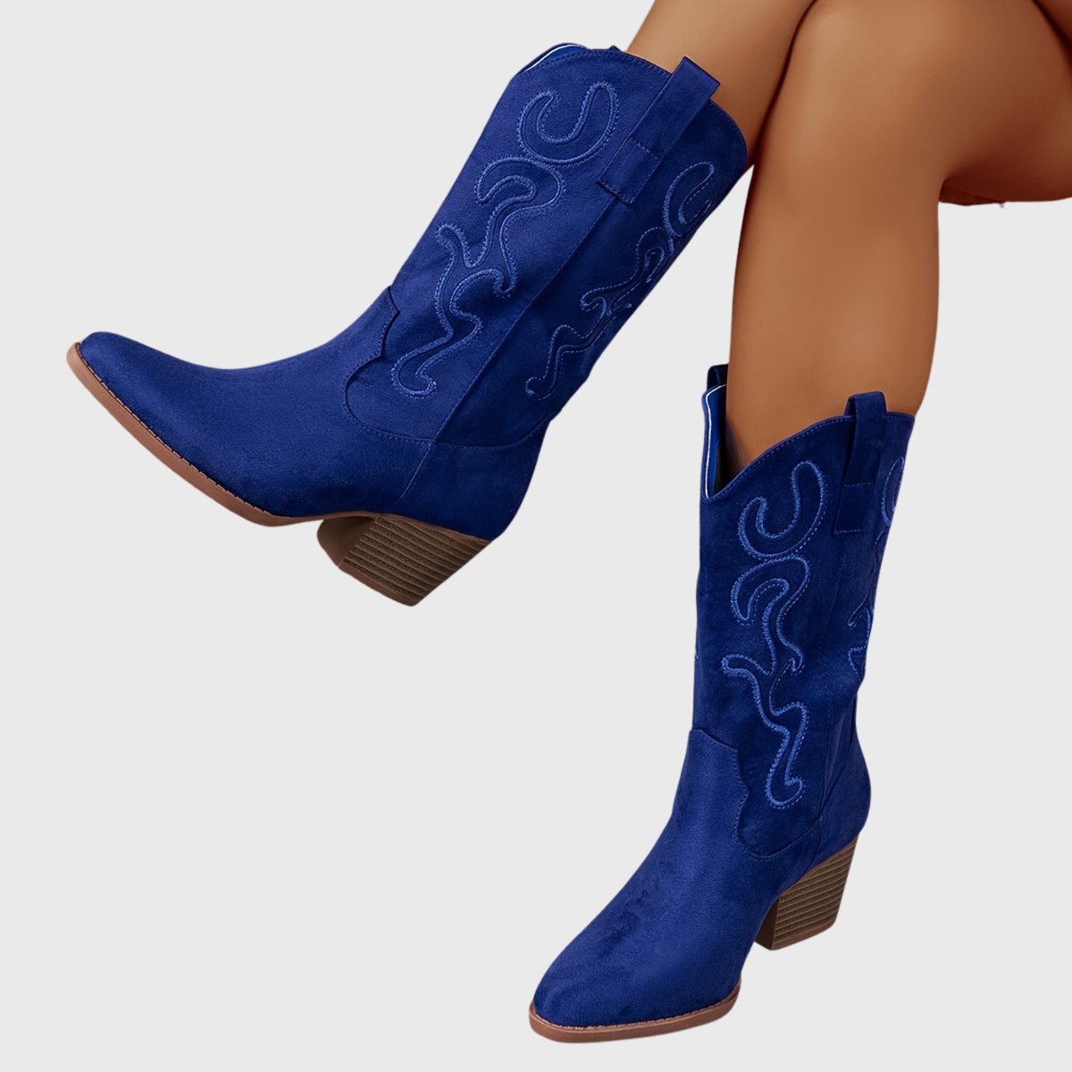 Women's Mid Calf Western Boots, Wide Shaft | Tonal Embroidery and Block Heel, Pull-On Loops | Size 5.5-10.5