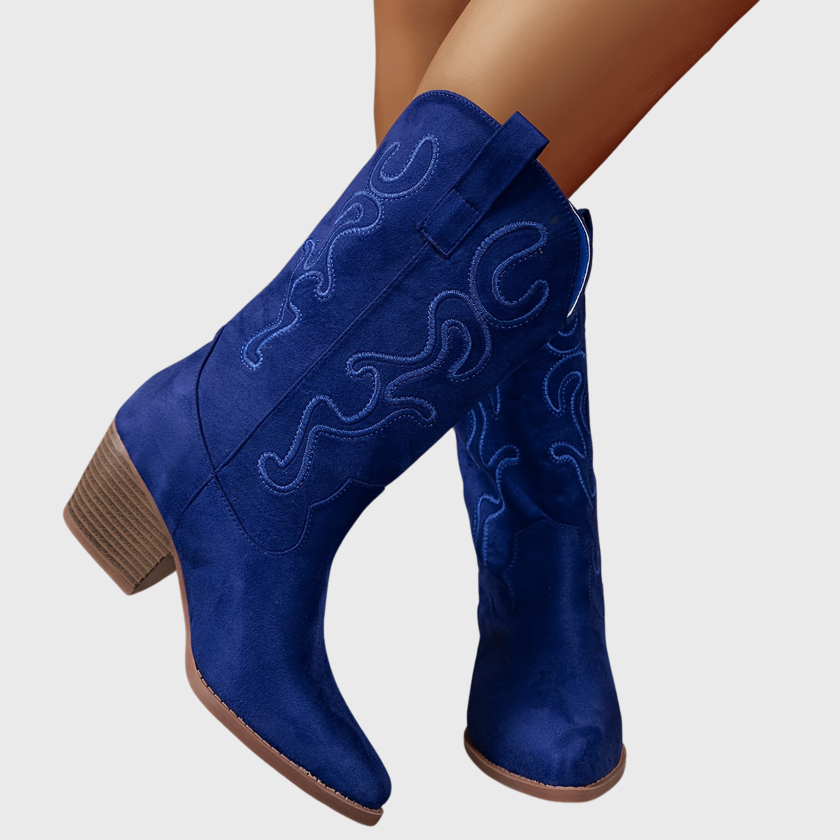 Women's Mid Calf Western Boots, Wide Shaft | Tonal Embroidery and Block Heel, Pull-On Loops | Size 5.5-10.5