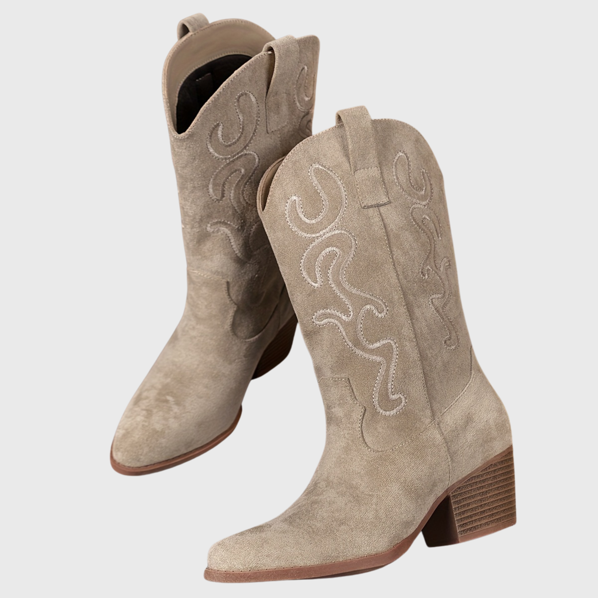 Women's Mid Calf Western Boots, Wide Shaft | Tonal Embroidery and Block Heel, Pull-On Loops | Size 5.5-10.5