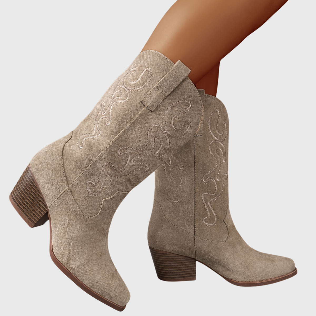 Women's Mid Calf Western Boots, Wide Shaft | Tonal Embroidery and Block Heel, Pull-On Loops | Size 5.5-10.5