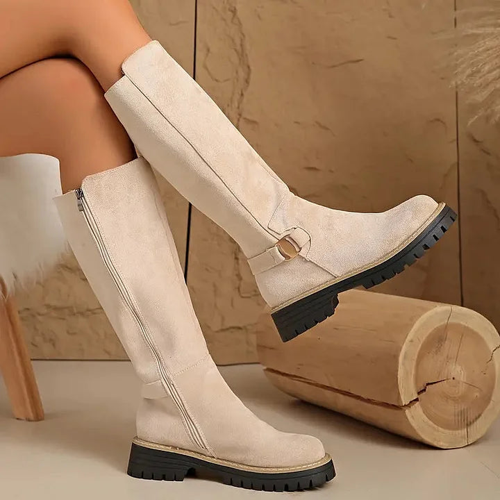 Women's Knee-High Boots with Buckle Detail | Lug Grip Sole, Side Zip, Suede-Look Finish | US 5.5-12 | 3 Colors