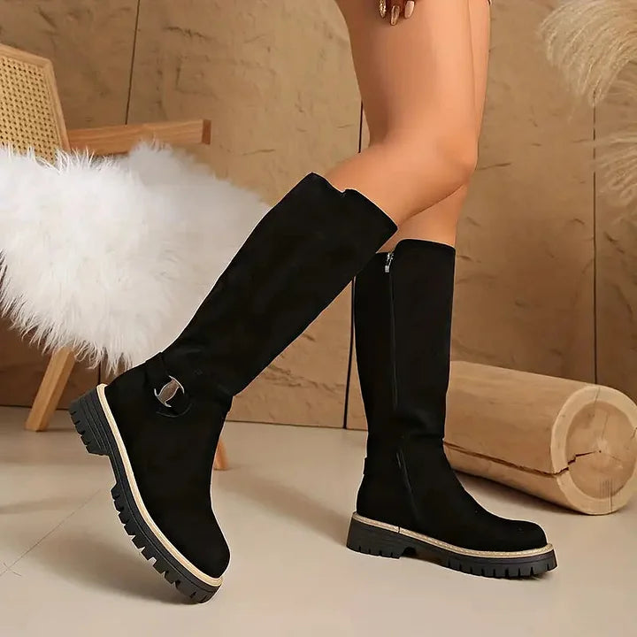 Women's Knee-High Boots with Buckle Detail | Lug Grip Sole, Side Zip, Suede-Look Finish | US 5.5-12 | 3 Colors