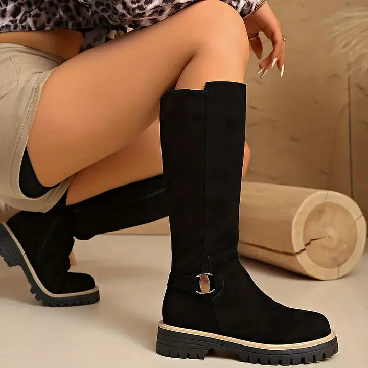 Women's Knee-High Boots with Buckle Detail | Lug Grip Sole, Side Zip, Suede-Look Finish | US 5.5-12 | 3 Colors