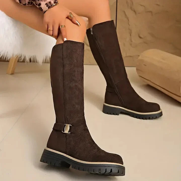 Women's Knee-High Boots with Buckle Detail | Lug Grip Sole, Side Zip, Suede-Look Finish | US 5.5-12 | 3 Colors