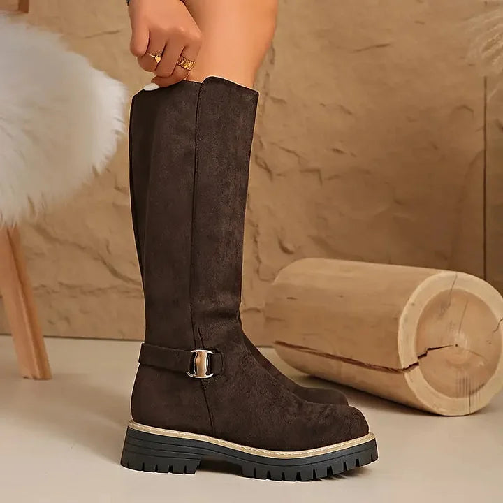 Women's Knee-High Boots with Buckle Detail | Lug Grip Sole, Side Zip, Suede-Look Finish | US 5.5-12 | 3 Colors