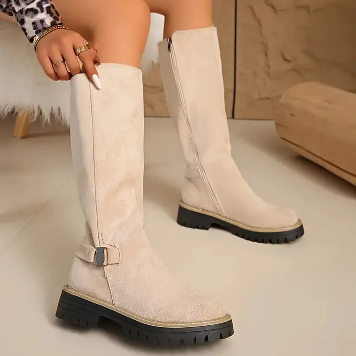 Women's Knee-High Boots with Buckle Detail | Lug Grip Sole, Side Zip, Suede-Look Finish | US 5.5-12 | 3 Colors
