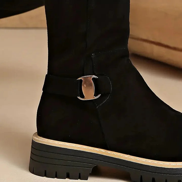 Women's Knee-High Boots with Buckle Detail | Lug Grip Sole, Side Zip, Suede-Look Finish | US 5.5-12 | 3 Colors