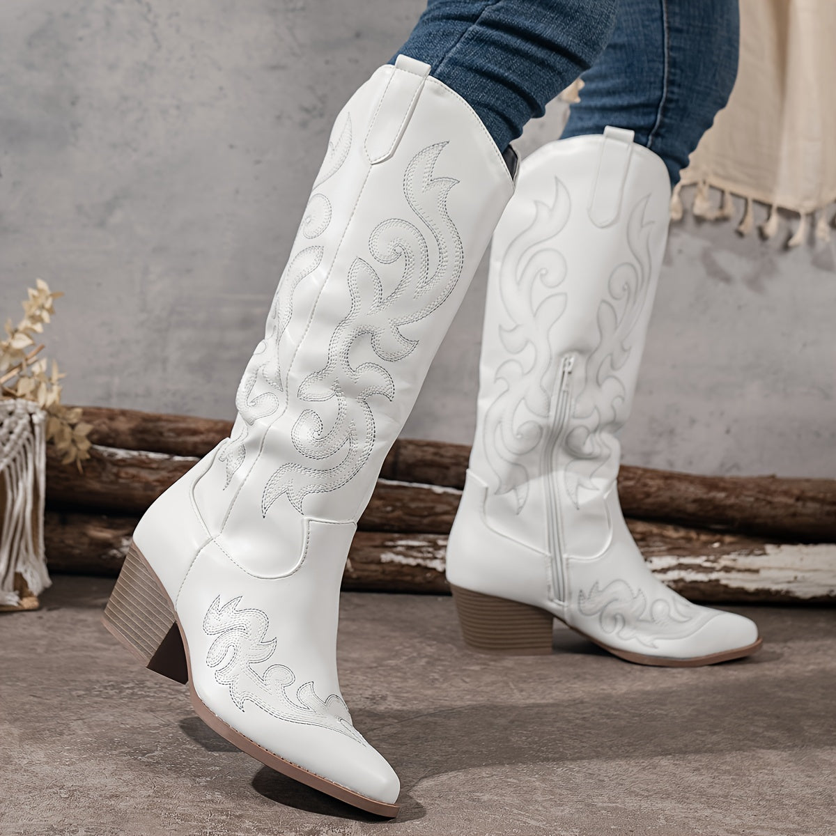 Women's Heeled Boots with Block Heel and Longline Cut | Zip Closure, Embroidery | Size 5-12 | Brown, Black, Red, White