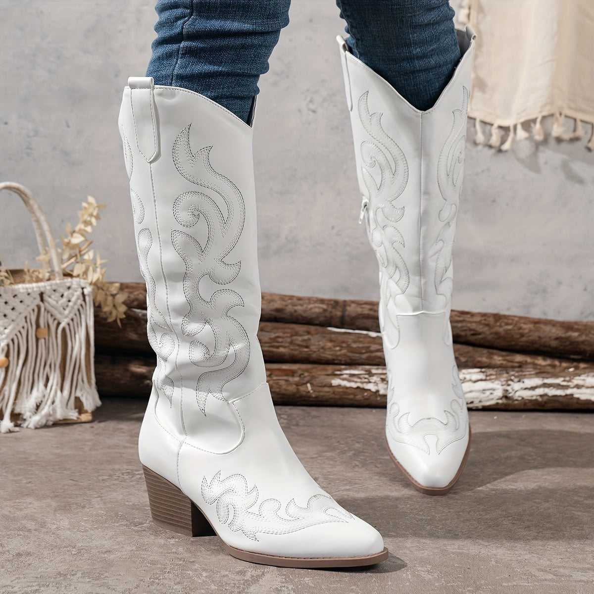 Women's Heeled Boots with Block Heel and Longline Cut | Zip Closure, Embroidery | Size 5-12 | Brown, Black, Red, White