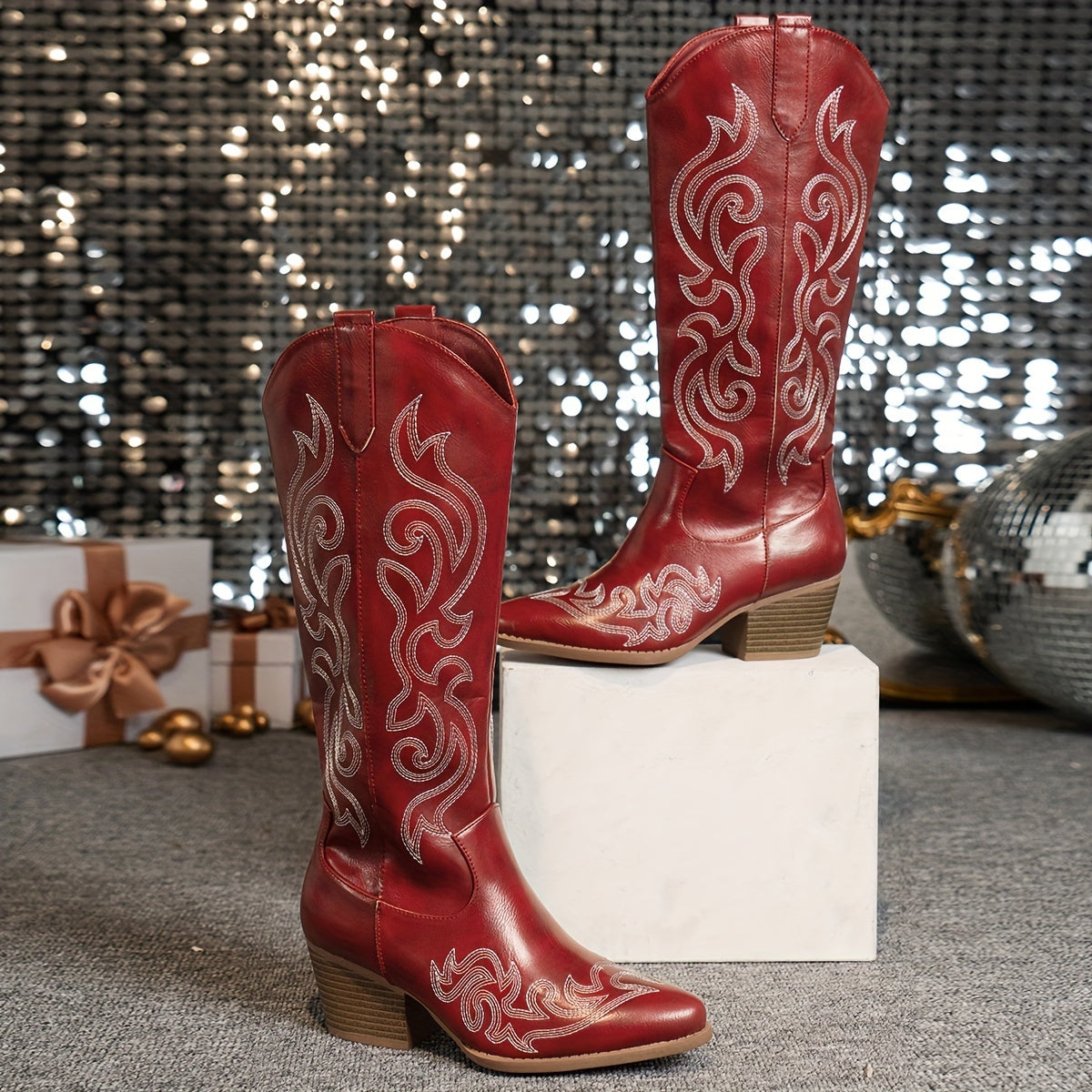 Women's Heeled Boots with Block Heel and Longline Cut | Zip Closure, Embroidery | Size 5-12 | Brown, Black, Red, White