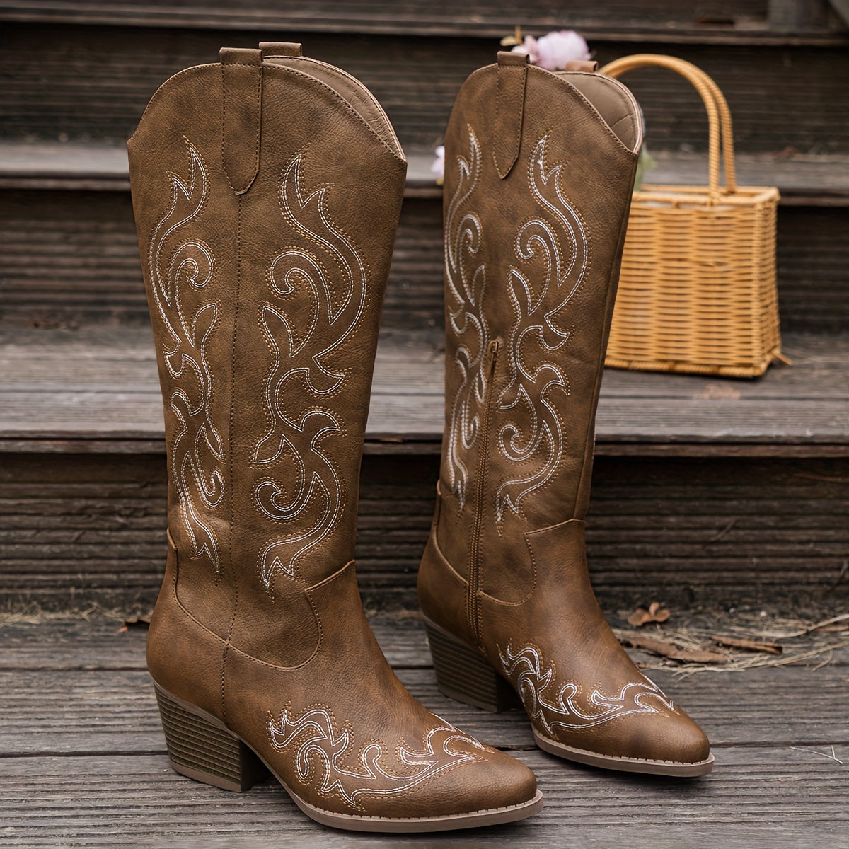 Women's Heeled Boots with Block Heel and Longline Cut | Zip Closure, Embroidery | Size 5-12 | Brown, Black, Red, White