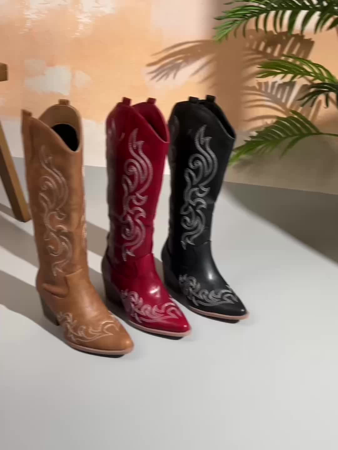 Women's Heeled Boots with Block Heel and Longline Cut | Zip Closure, Embroidery | Size 5-12 | Brown, Black, Red, White
