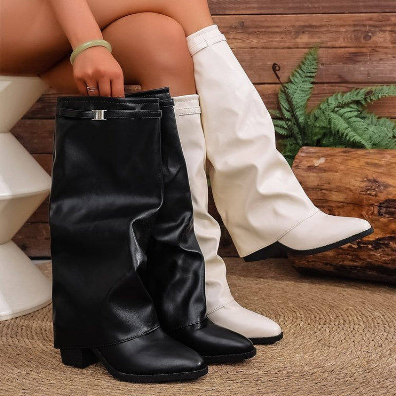 Women's Pointed Toe Knee High Boots | Soft Slouchy Shaft, Low Wide Heel and Metal Trim | Size 5.5-10.5, Beige or Black