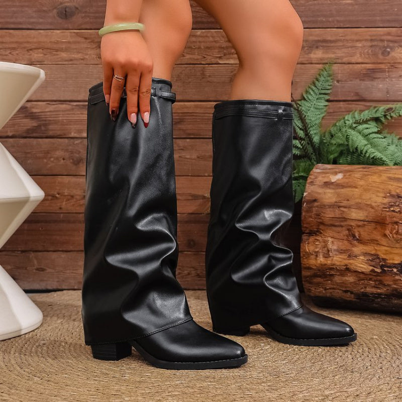 Women's Pointed Toe Knee High Boots | Soft Slouchy Shaft, Low Wide Heel and Metal Trim | Size 5.5-10.5, Beige or Black