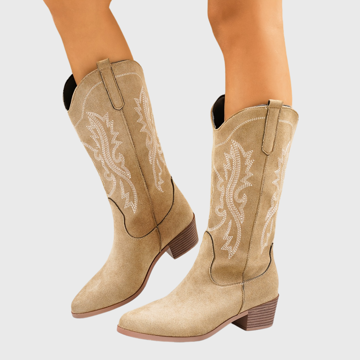 Women's Wide Calf Western Cowboy Boots | Tonal Embroidery, Stacked Block Heel, Pull-Tab Entry | US 5.5-12 | 3 Colors