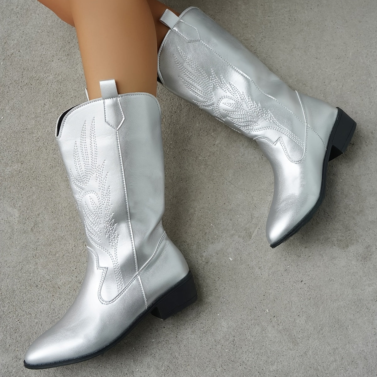 Women's Heeled Boots with Block Heel and Embroidery | Size 5.5-12 | Light Grey