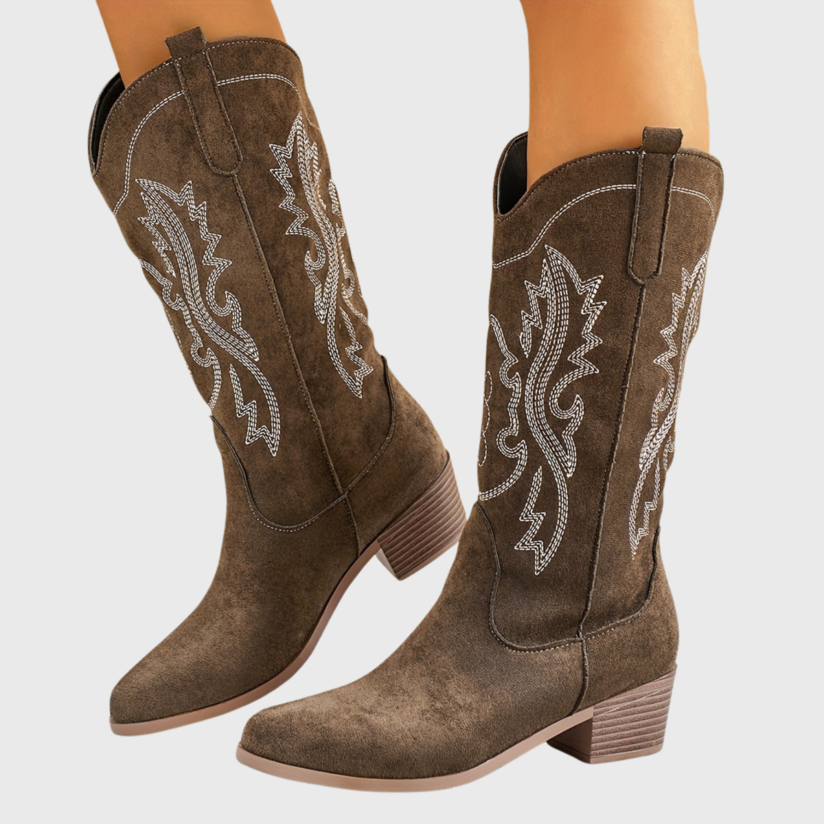 Women's Wide Calf Western Cowboy Boots | Tonal Embroidery, Stacked Block Heel, Pull-Tab Entry | US 5.5-12 | 3 Colors
