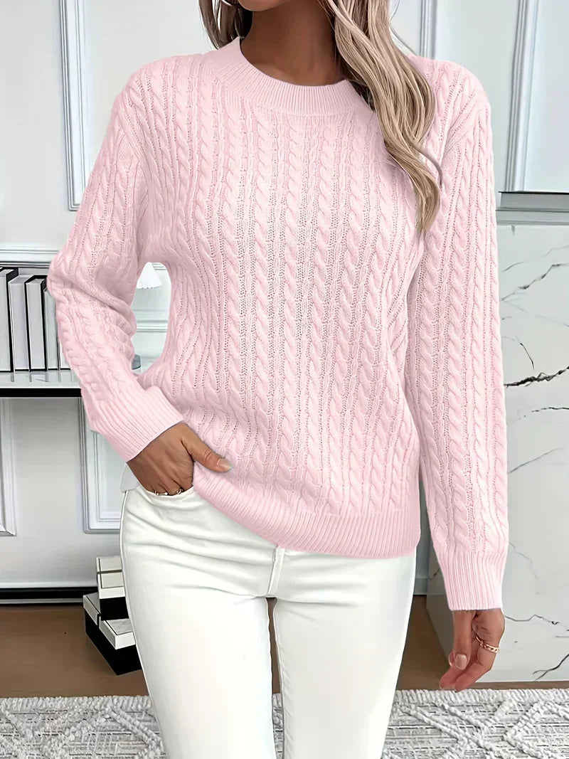 Women's Cable Knit Crew Neck Sweater | Classic Cable Texture, Long Sleeves, Relaxed Everyday Fit | 9 Colors