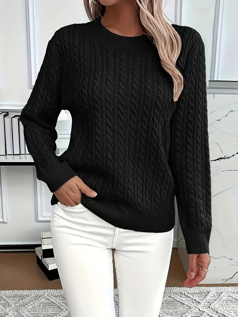 Women's Cable Knit Crew Neck Sweater | Classic Cable Texture, Long Sleeves, Relaxed Everyday Fit | 9 Colors